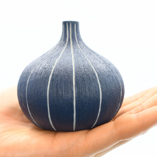 Tiny Congo - Handcrafted Porcelain Bud Vase - Navy with White Stripes - 2.5 x 2.5 x 2.6 in