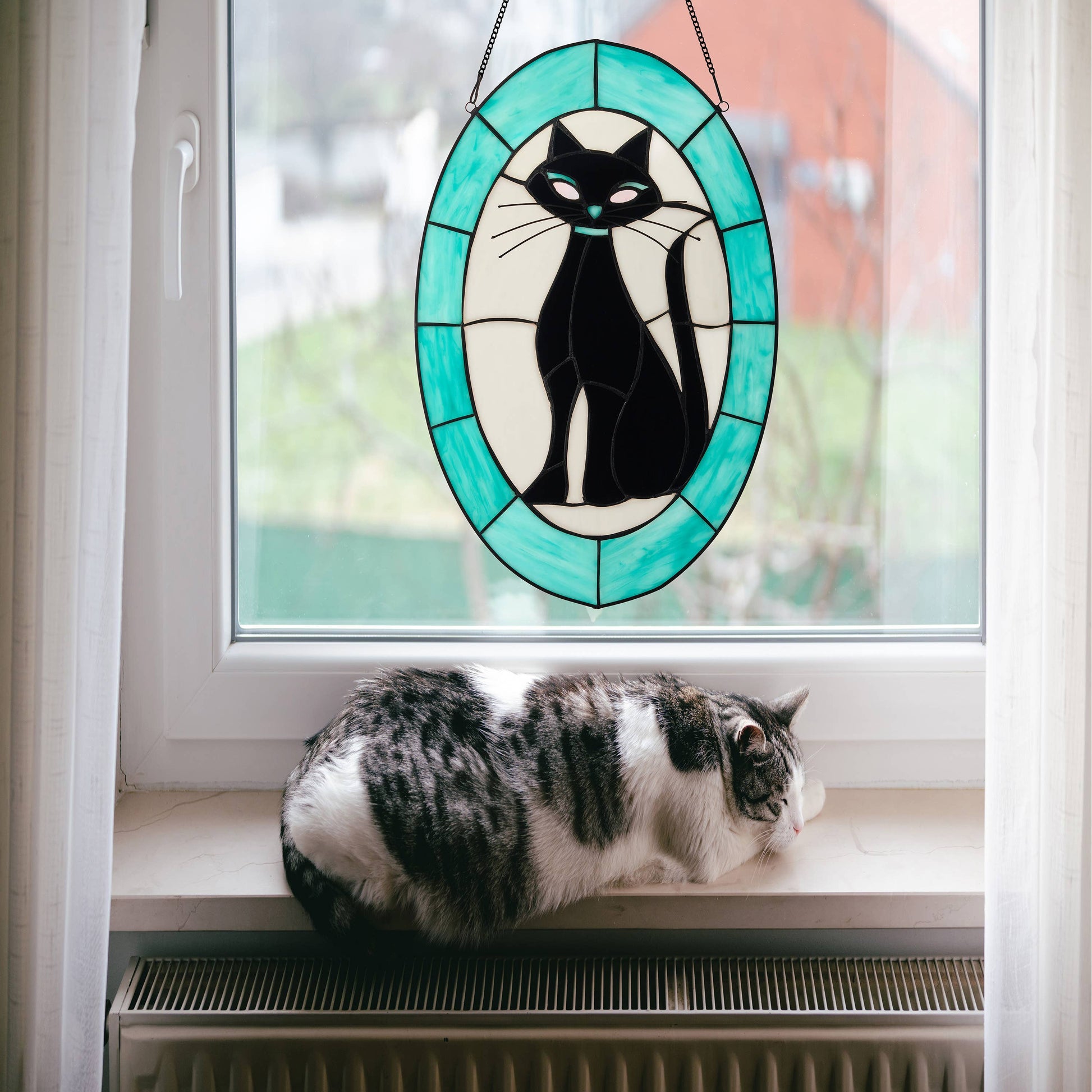 Tiffany-Style Black Cat Stained Glass Window Panel - 17-in - Mellow Monkey