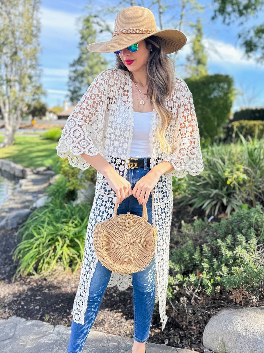 Ivory Floral Printed Crochet Maxi Kimono Cardigan - Mellow Monkey