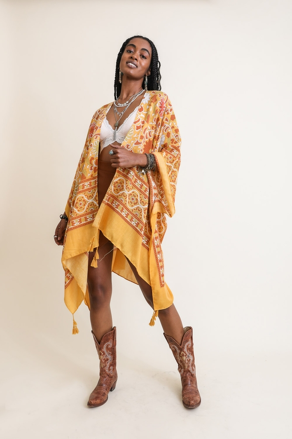 Tapestry Tassel Moroccan Kimono-Mustard - Mellow Monkey