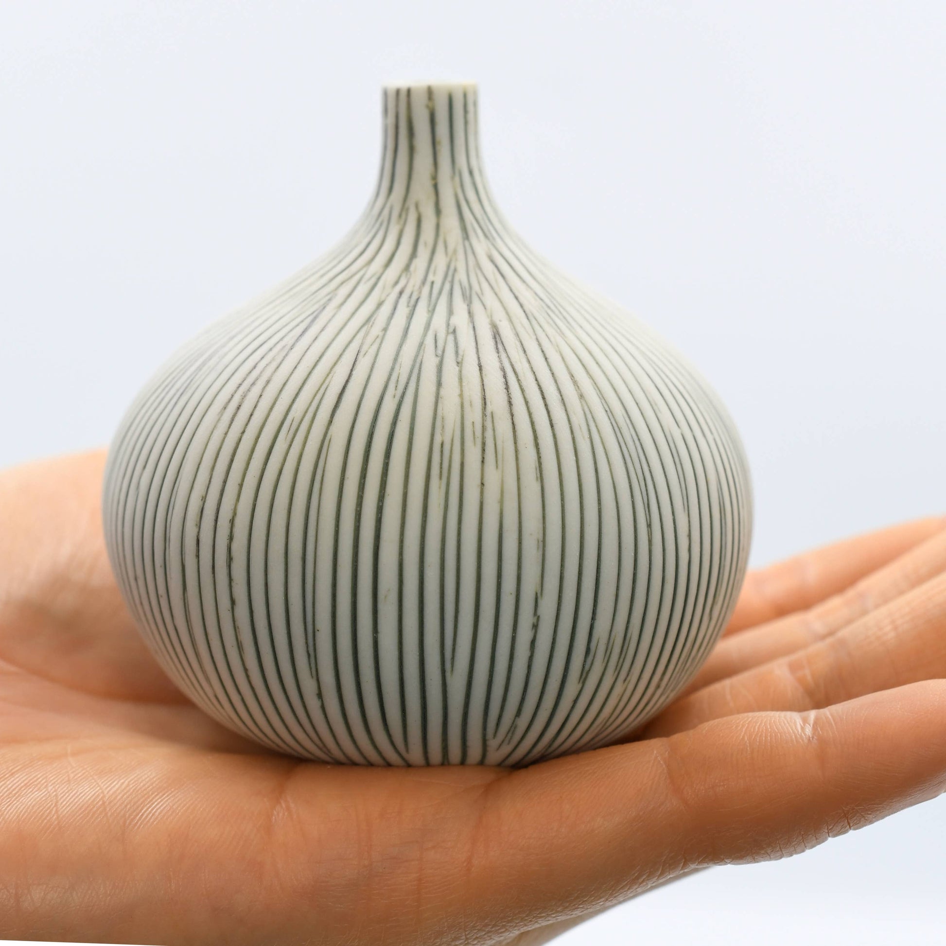 Tiny Congo - Handcrafted Porcelain Bud Vase - White with Gray Stripes - 2.5 x 2.5 x 2.6 in - Mellow Monkey