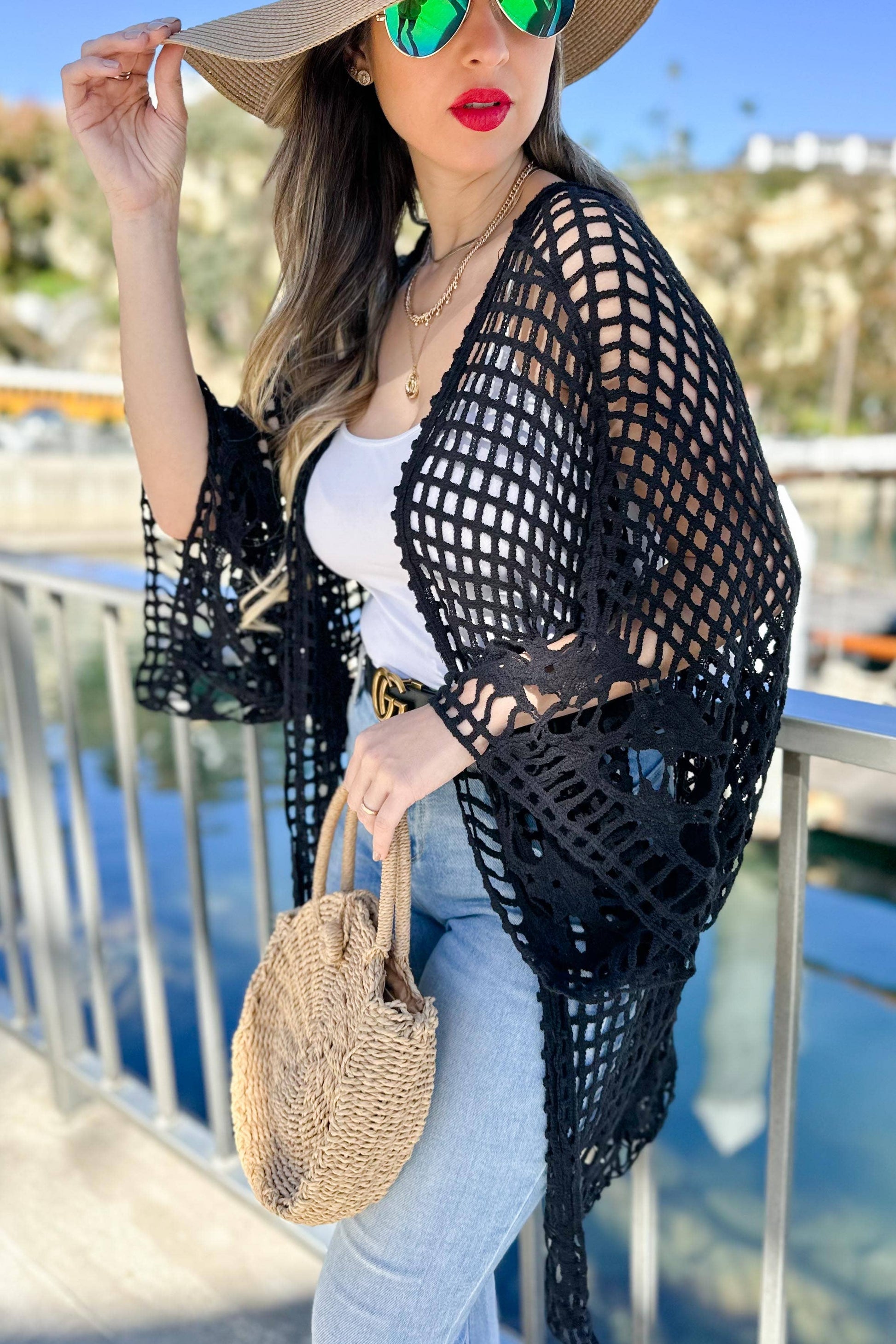 Black Floral Crochet Wide Sleeve Knitted Kimono Cardigan - Mellow Monkey