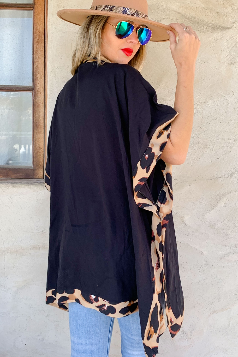 Solid Leopard Trim Detail Kimono Cardigan - Mellow Monkey