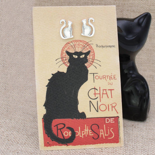 Chat Noir Fine Art - Silver Cat - Post Earrings