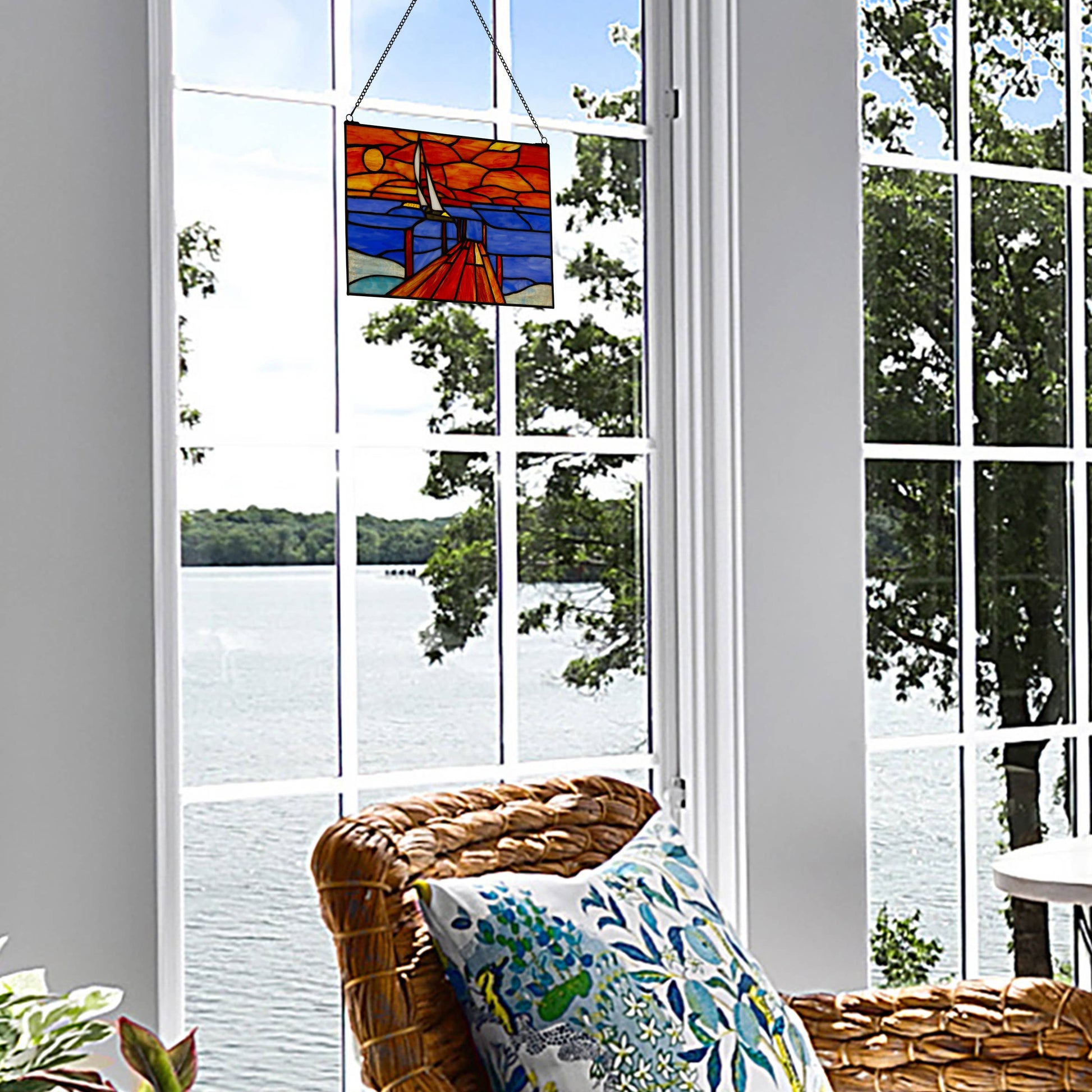 Sailboat Orange & Blue Stained Glass Window Panel - 14-in - Mellow Monkey
