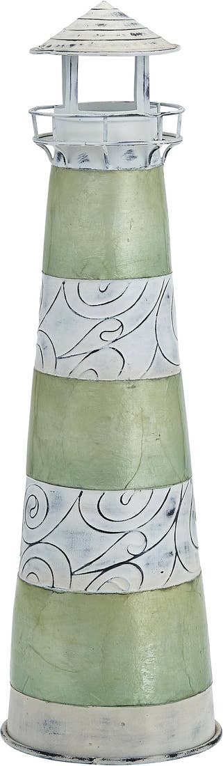 Seaside Green Striped Metal and Capiz Lighthouse - 15-in - Mellow Monkey