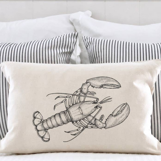 Lobster - Natural Canvas Coastal Lumbar Pillow - 12-in x 20-in - Mellow Monkey