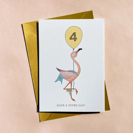 4th Birthday Flamingo With Balloon - Birthday Card - Mellow Monkey