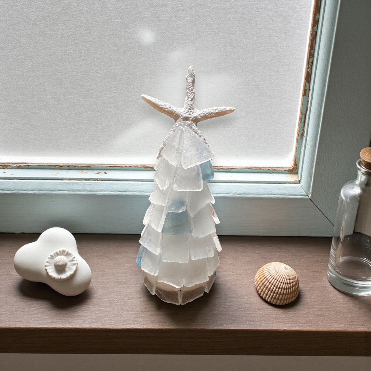 Sea Glass Christmas Tree With Starfish - 6 In. - Hint of Teal - Mellow Monkey