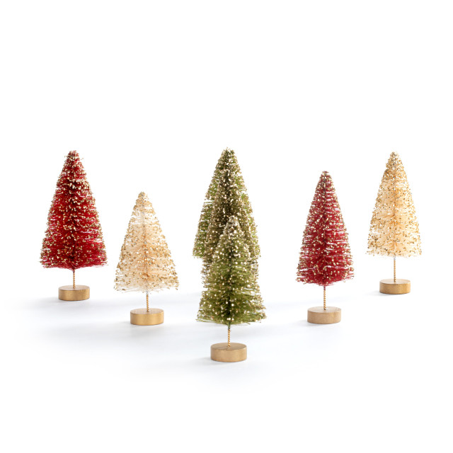 Red, White, and Green Bottle Brush Trees with Gold Glitter - Set of 7 - Mellow Monkey