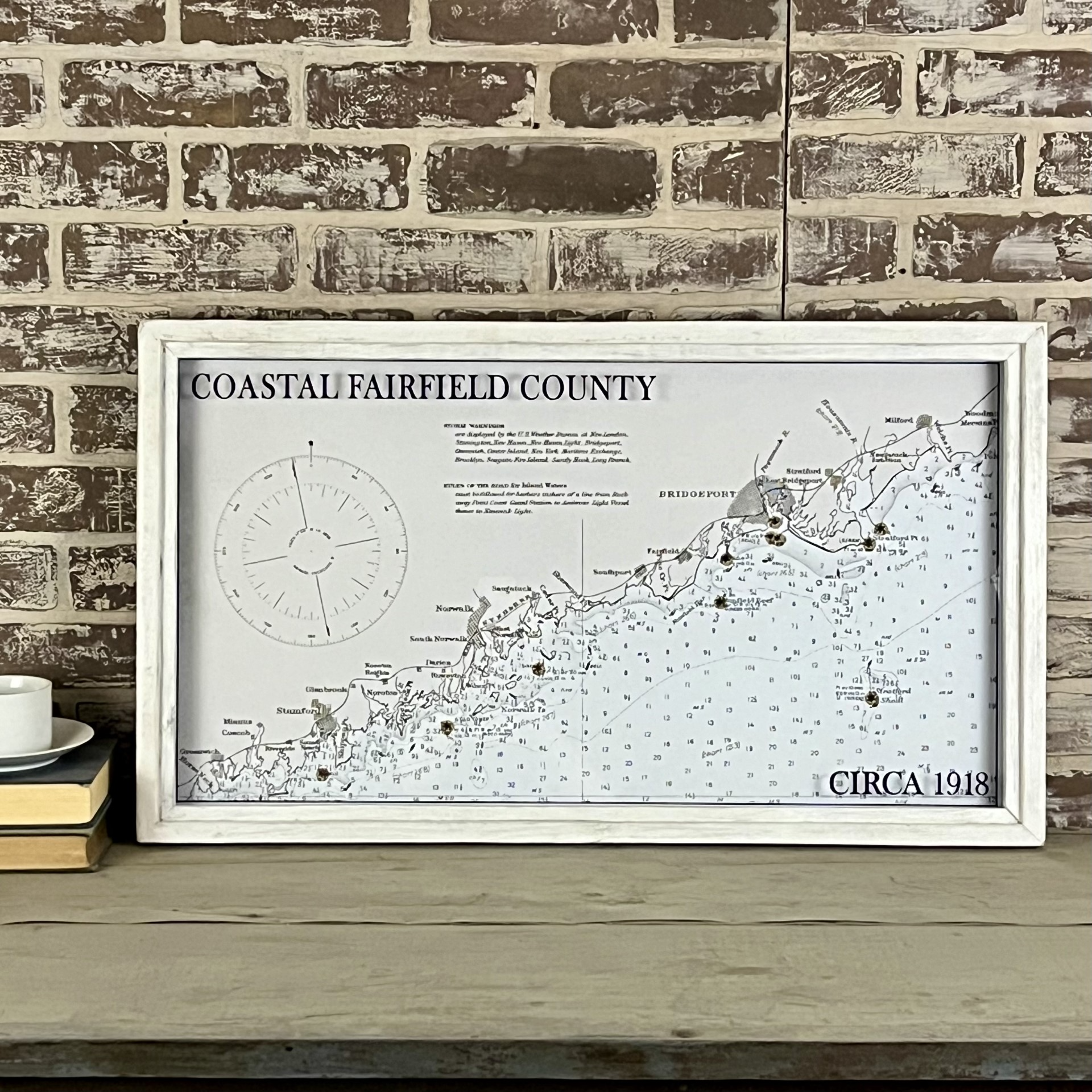 Vintage Coastal Fairfield County Connecticut Map Circa 1918 Framed Whitewash Shadowbox 30-in - Mellow Monkey