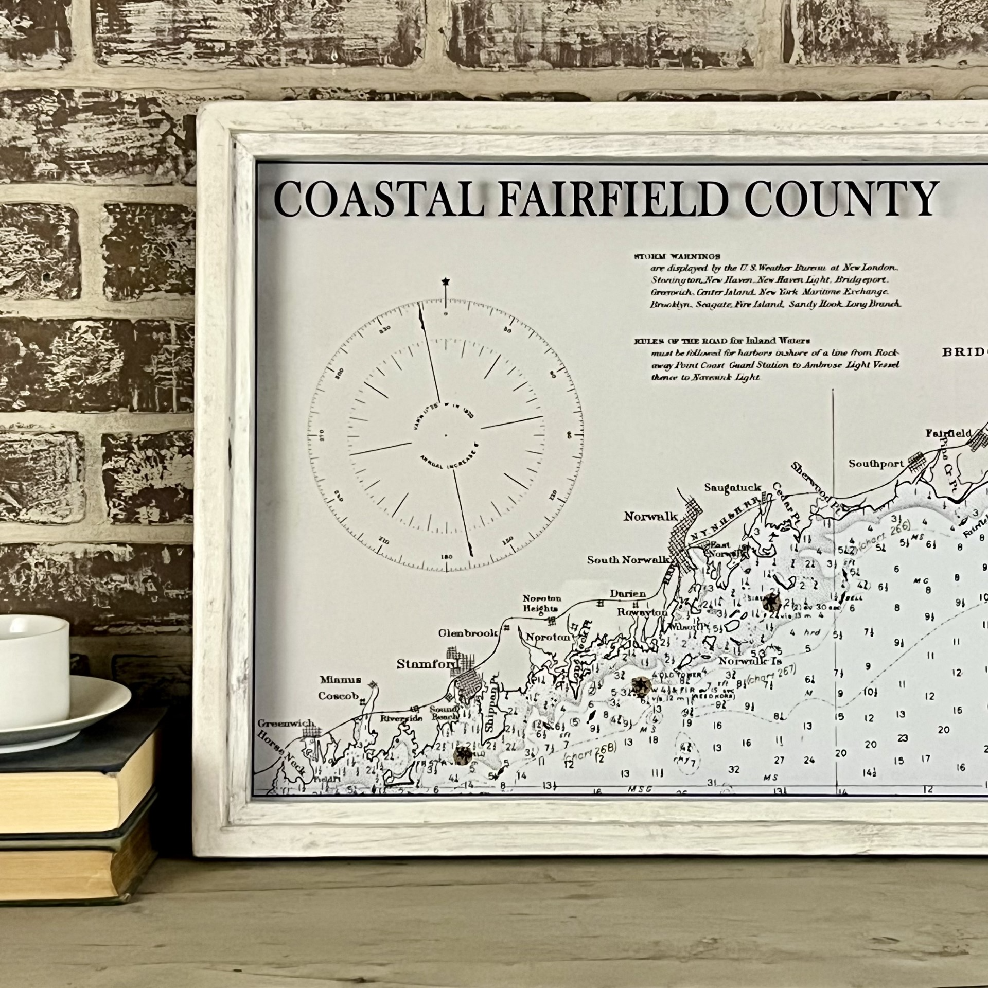 Vintage Coastal Fairfield County Connecticut Map Circa 1918 Framed Whitewash Shadowbox 30-in - Mellow Monkey