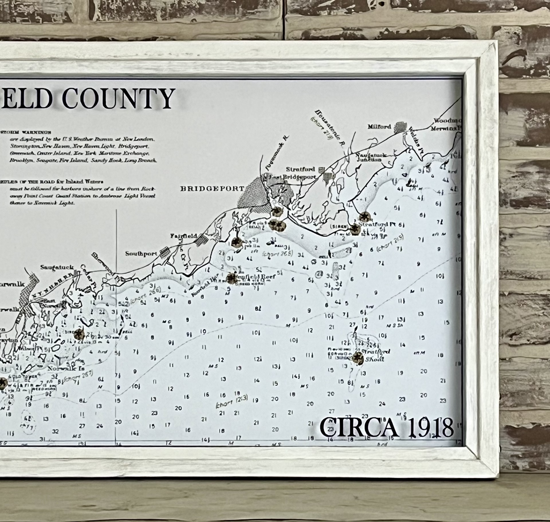 Vintage Coastal Fairfield County Connecticut Map Circa 1918 Framed Whitewash Shadowbox 30-in - Mellow Monkey