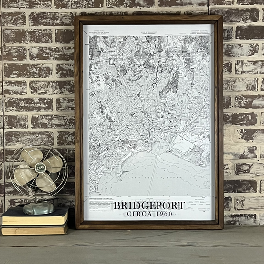 Vintage City of Bridgeport Connecticut Map Circa 1960 - Reclaimed Wood Frame with Vintage Brown Finish - Large: 32.5" H x 22.5" W - Mellow Monkey