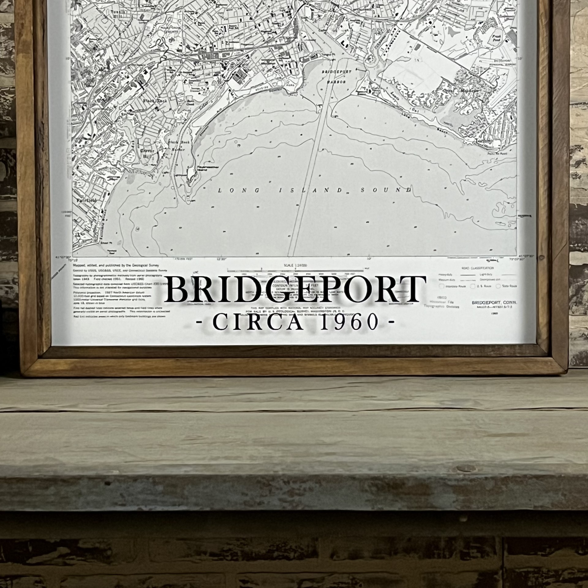 Vintage City of Bridgeport Connecticut Map Circa 1960 - Reclaimed Wood Frame with Vintage Brown Finish - Large: 32.5" H x 22.5" W - Mellow Monkey