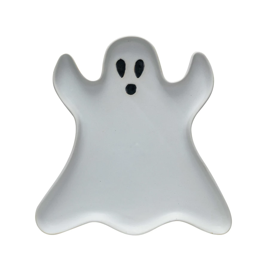 Stoneware Ghost Shaped Plate - Matte White & Black - 8-1/2-in - Mellow Monkey