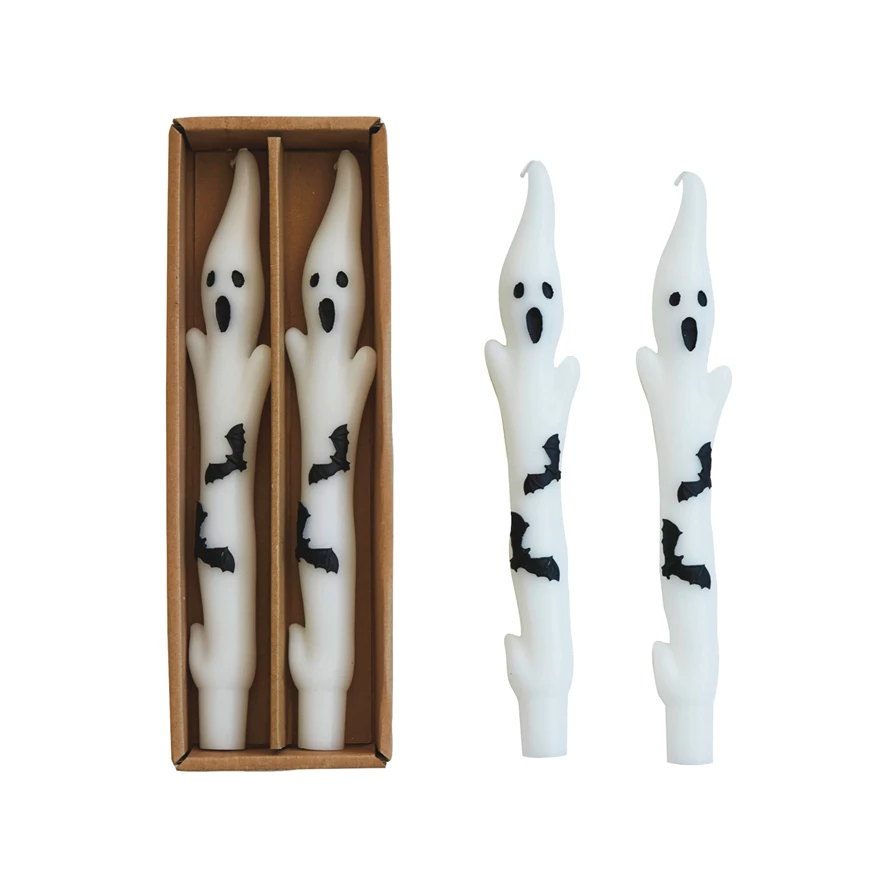 Ghost Shaped Taper Candles with Bats - Box of 2 - Unscented - Mellow Monkey