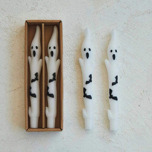 Ghost Shaped Taper Candles with Bats - Box of 2 - Unscented - Mellow Monkey