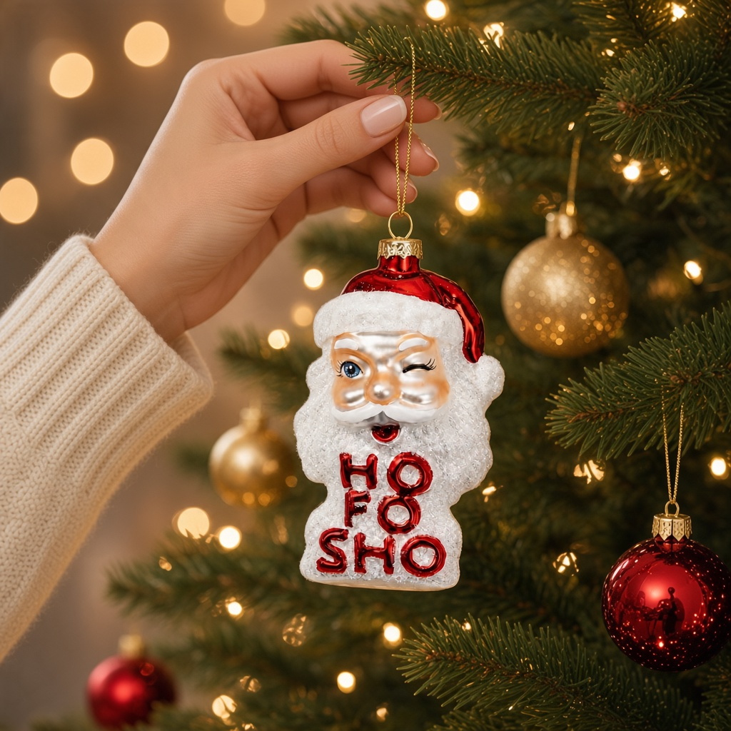 Mellow Monkey glass blown winking Santa ornament with Ho Fo Sho text and glitter details hanging on a Christmas tree.