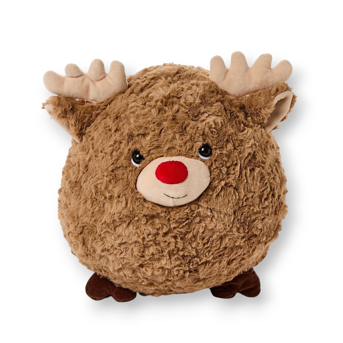Mellow Monkey Jingle the Reindeer large round plush toy with soft brown fur and a bright red nose.