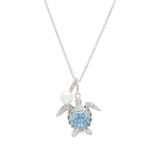 Sterling Silver Aqua Crystal Pearl Turtle Necklace