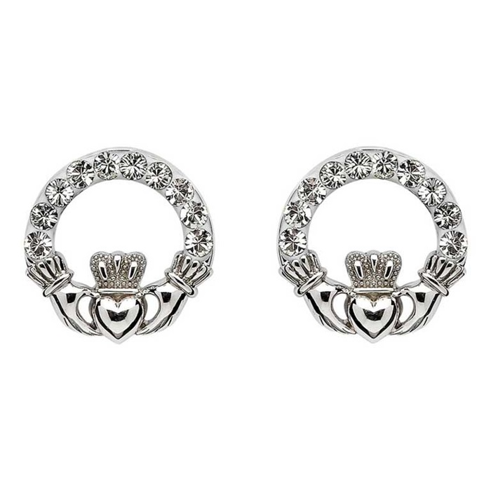 Silver Claddagh Stud Earring with White Swarovski Crystal Embellishment - Mellow Monkey