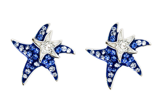 Sterling Silver Starfish Mother Baby Blue Crystal Earrings