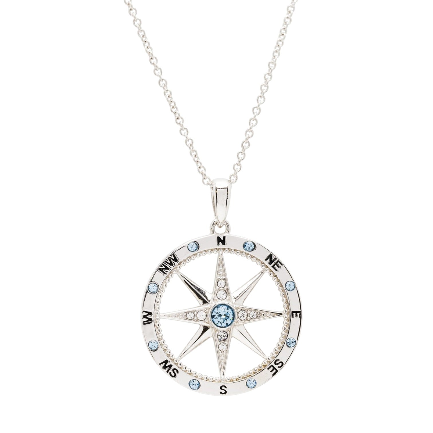 Sterling Silver Aqua White Crystal Compass Rose Necklace - Mellow Monkey