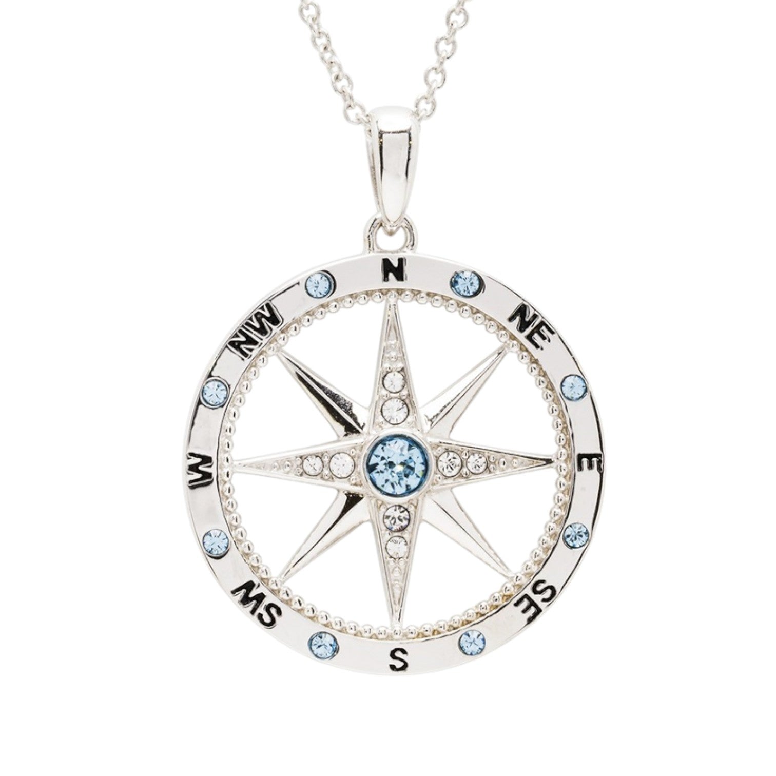 Sterling Silver Aqua White Crystal Compass Rose Necklace - Mellow Monkey