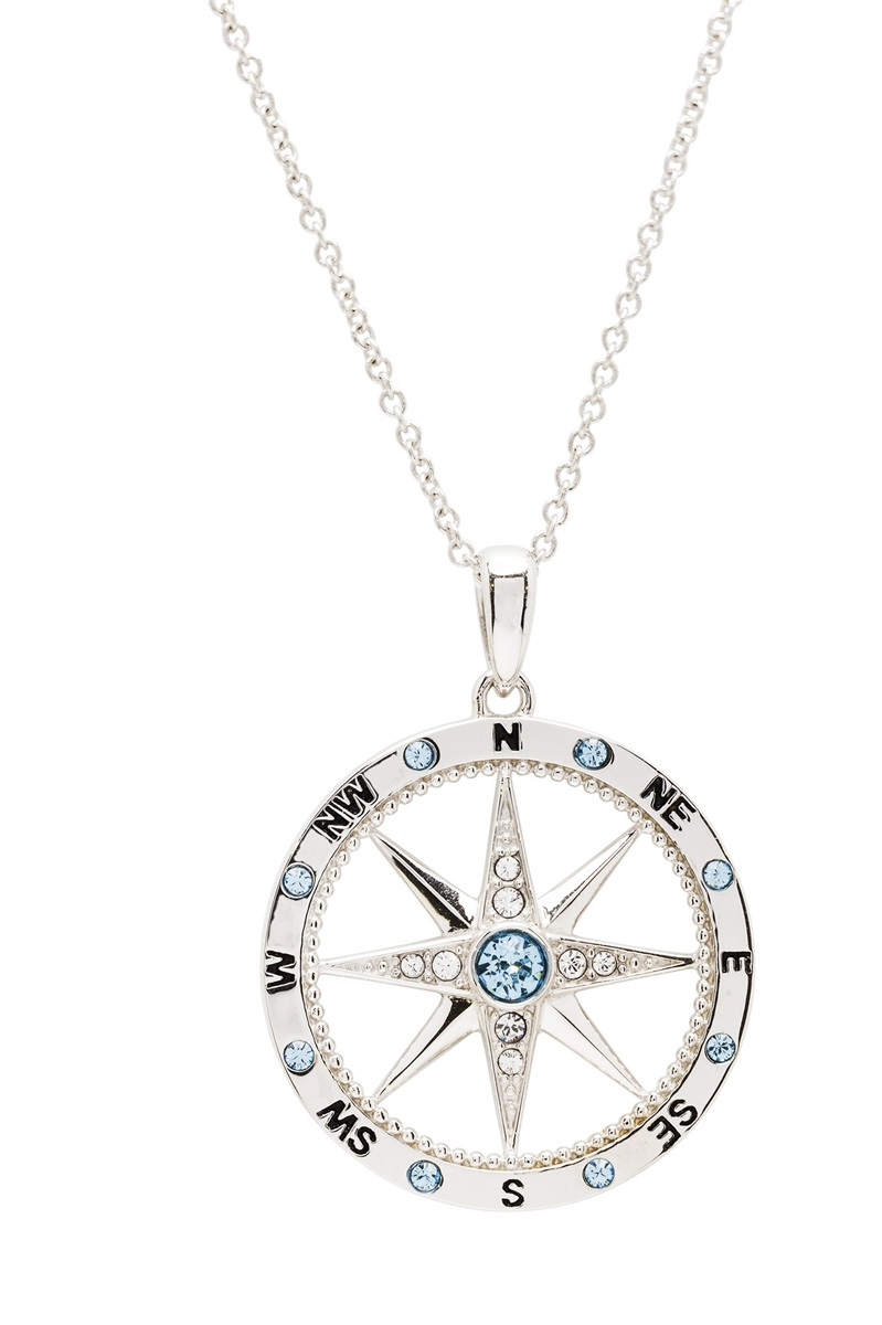 Sterling Silver Aqua White Crystal Compass Rose Necklace - Mellow Monkey