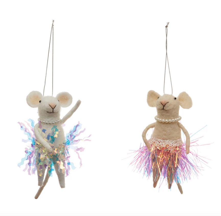 Felt Mouse in Skirt and Pearls Ornament - 4-3/4-in - Mellow Monkey