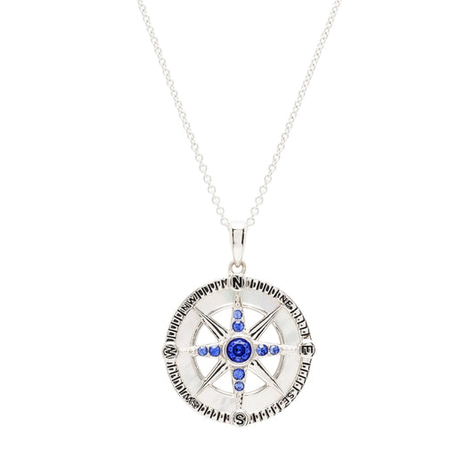 Sterling Silver Sapphire Crystal Mother of Pearl Compass Necklace - Mellow Monkey