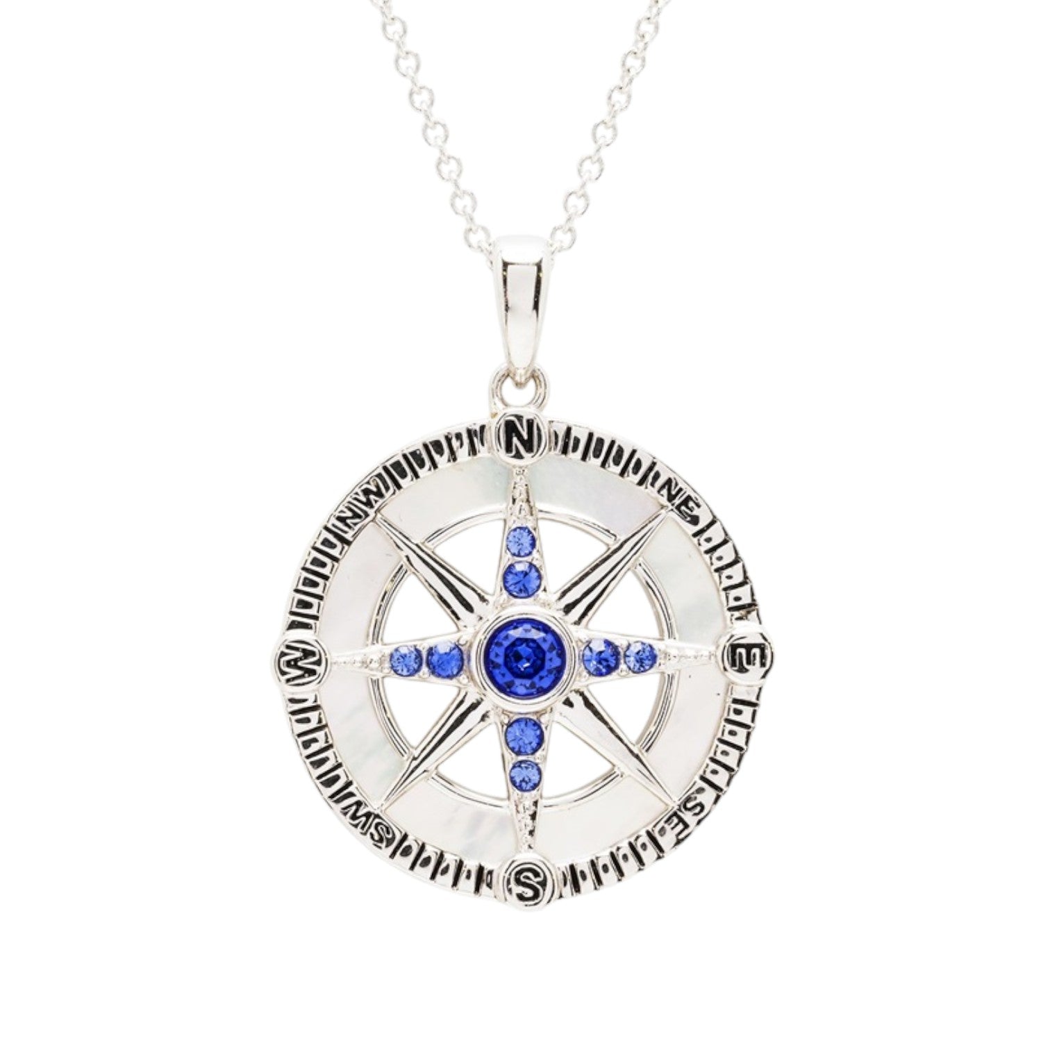 Sterling Silver Sapphire Crystal Mother of Pearl Compass Necklace - Mellow Monkey