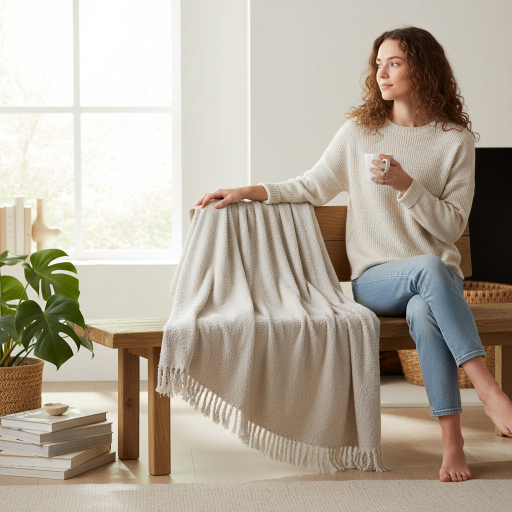 Cotton Chenille Throw with Fringe - 60-in - Mellow Monkey