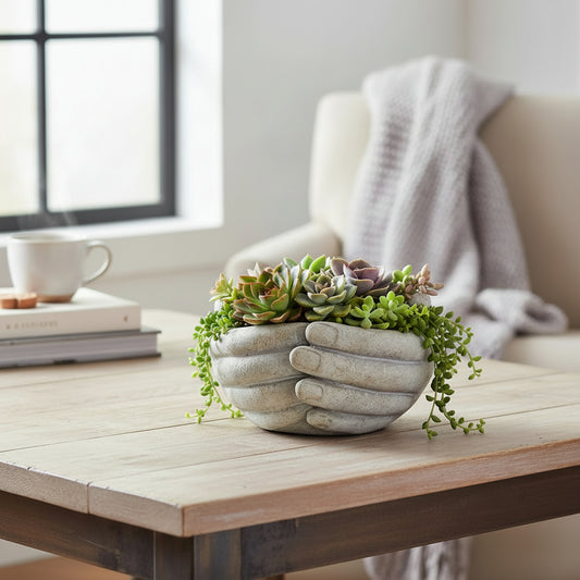 Small Cupping Hands Cement Planter - 5-1/2-in W - Mellow Monkey