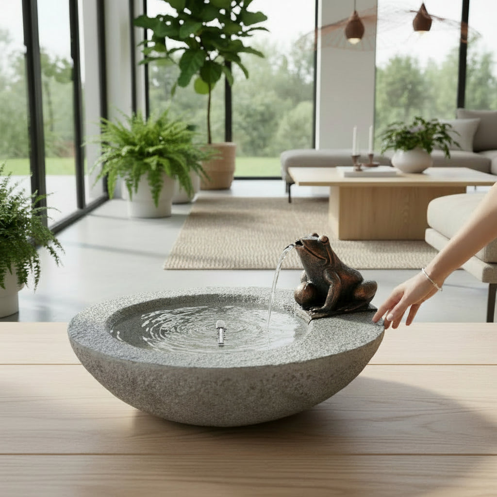 Resin Fountain with Frog with Concrete & Bronze Finish - 17-in - Mellow Monkey