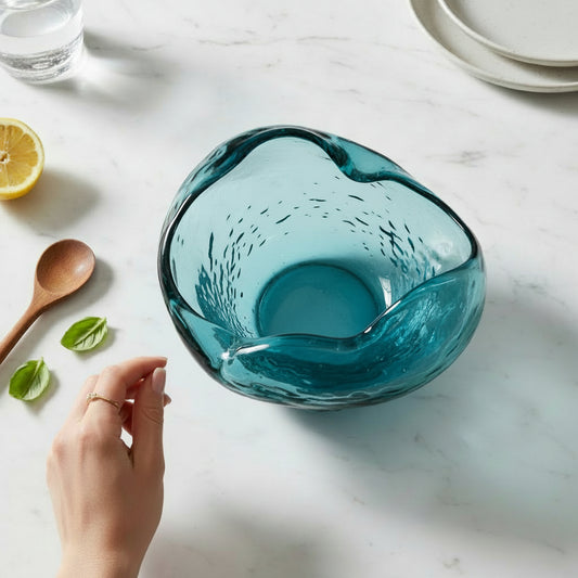 Hand-Blown Glass Organic Shaped Bowl, Blue