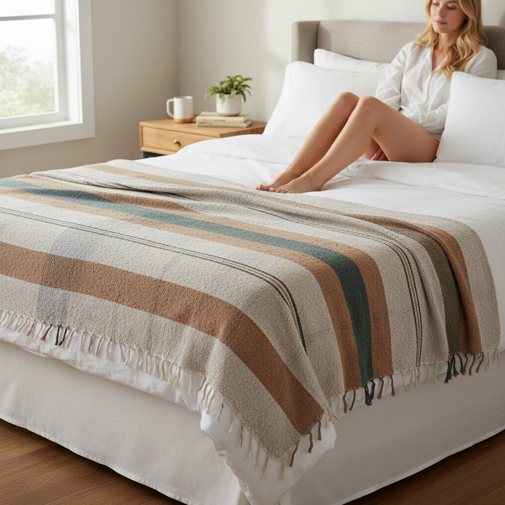 Cotton Slub Striped Throw with Fringe - 60-in - Mellow Monkey