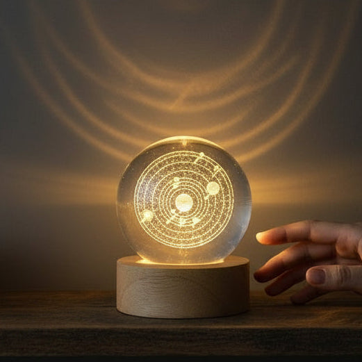 Glowing decorative object on a wooden surface with a hand reaching towards it.