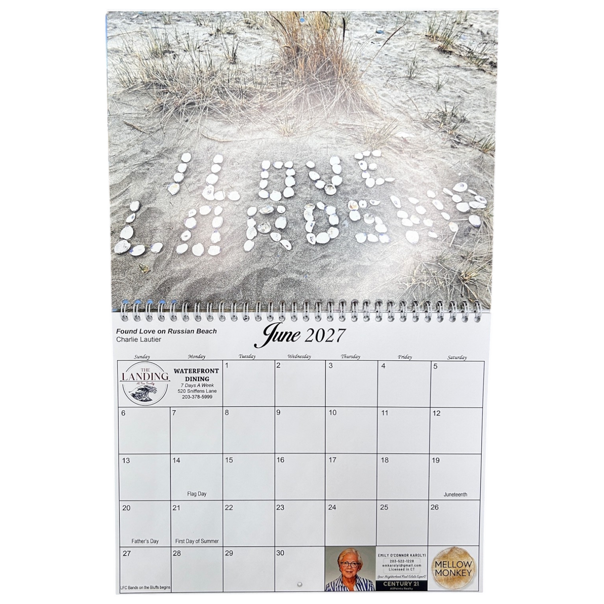 Mellow Monkey 2027 Lordship calendar open to June featuring a beach photograph with shells spelling I Love Lordship
