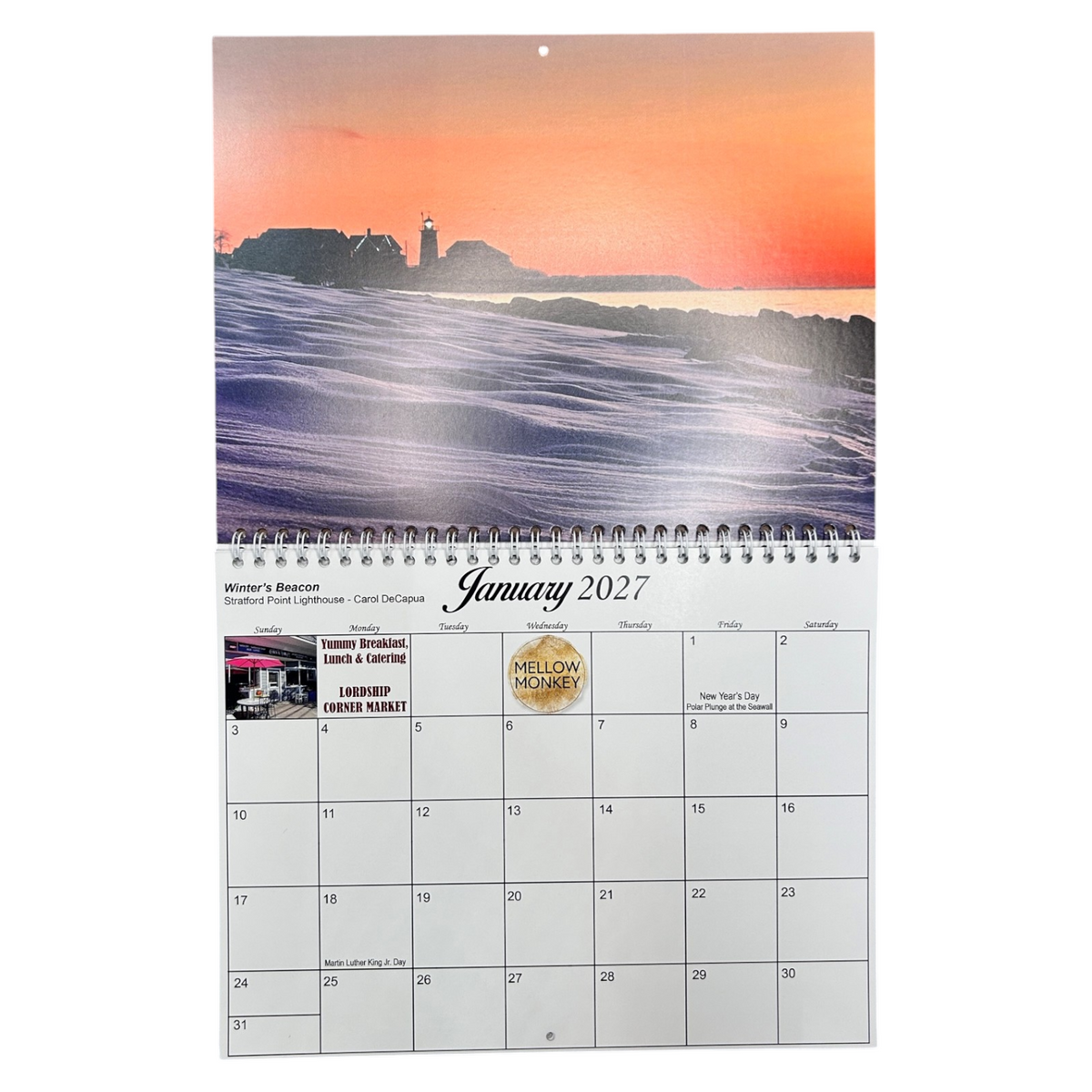 Mellow Monkey 2027 Lordship calendar featuring a January page with a snowy Stratford Point Lighthouse photograph