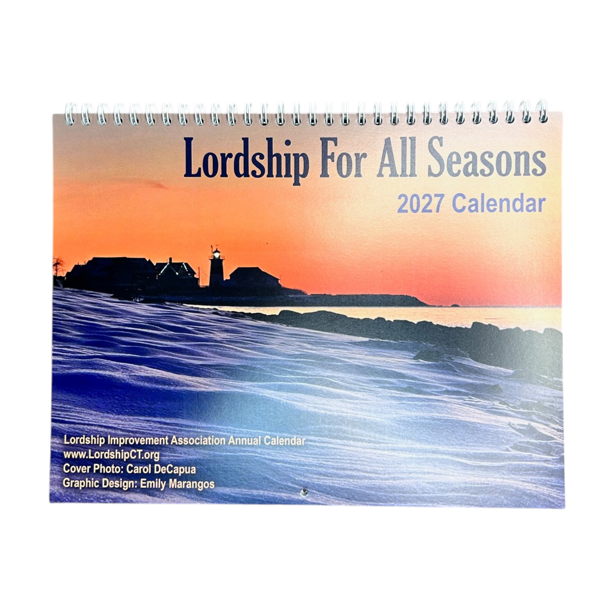 Mellow Monkey 2027 Lordship For All Seasons spiral bound calendar featuring a scenic winter sunset over the coast.
