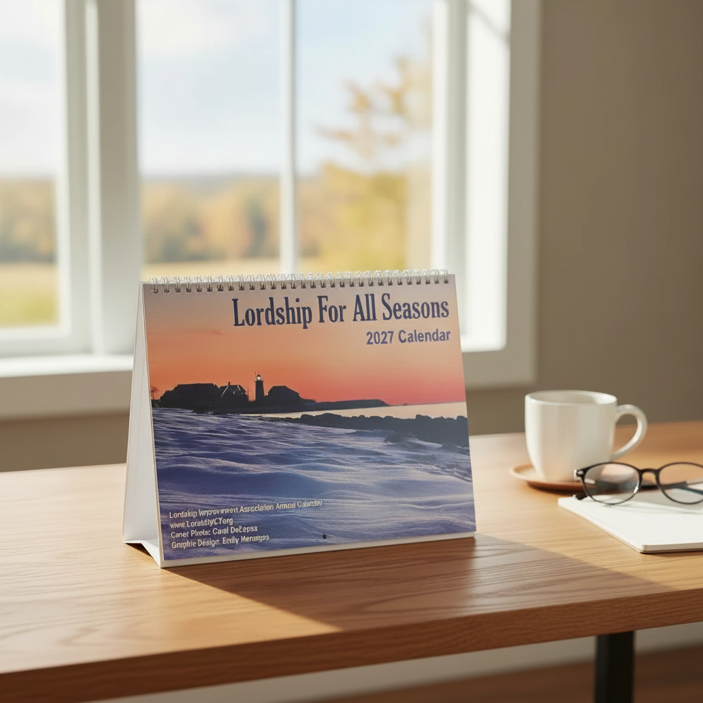 Mellow Monkey 2027 Lordship For All Seasons spiral bound calendar featuring a snowy sunset lighthouse photograph