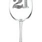 Mellow Monkey 21st birthday wine glass featuring a large jeweled number 21 design on a clear stemmed glass