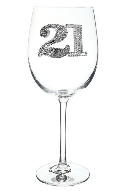 Mellow Monkey 21st birthday wine glass featuring a large jeweled number 21 design on a clear stemmed glass