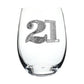 Mellow Monkey 21st birthday stemless wine glass featuring a decorative number 21 embellished with clear crystals