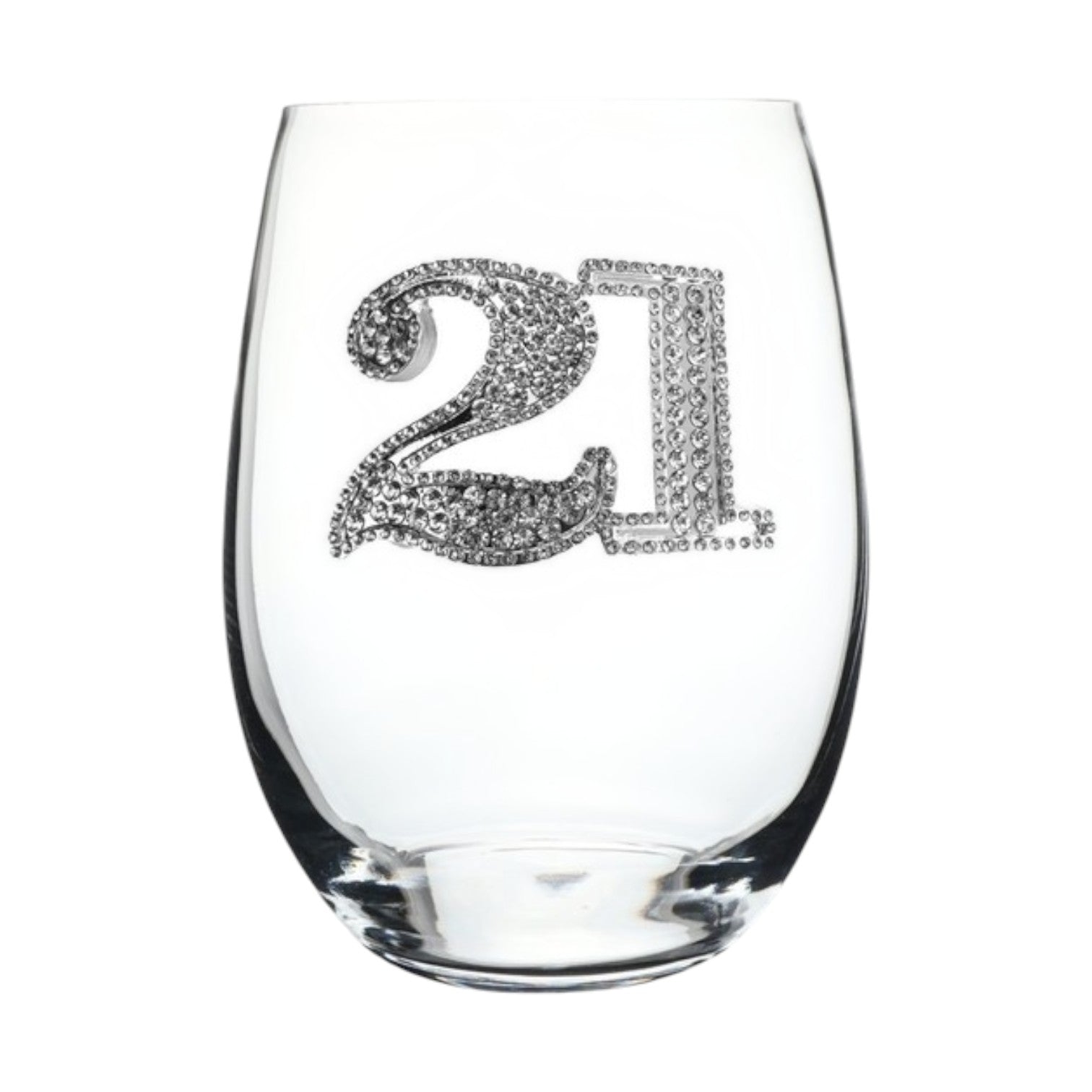 Mellow Monkey 21st birthday stemless wine glass featuring a decorative number 21 embellished with clear crystals