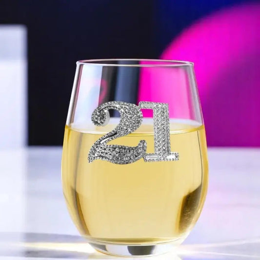 Mellow Monkey 21st birthday stemless wine glass featuring a sparkling jeweled number 21 design