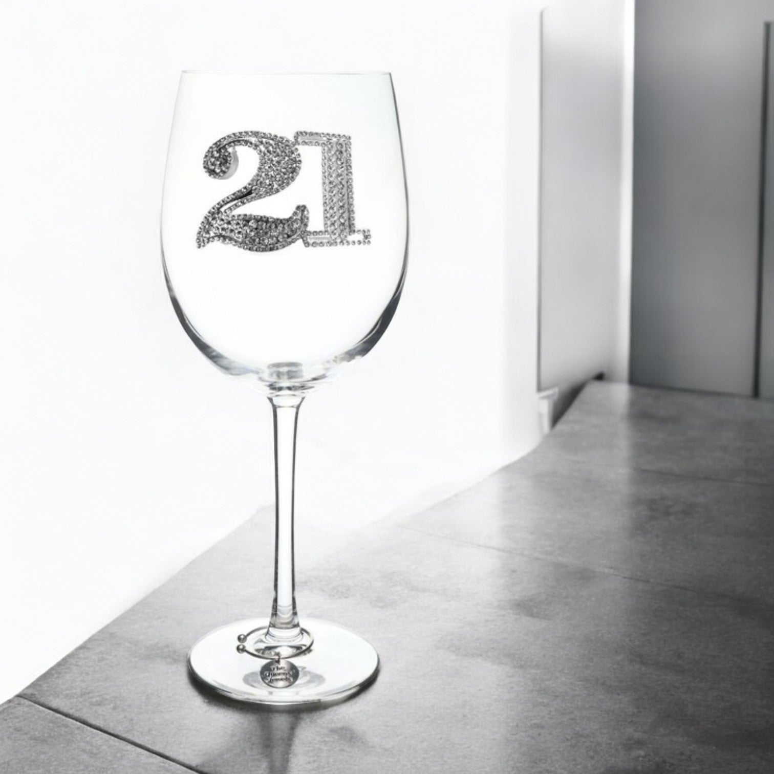 Mellow Monkey 21st birthday wine glass featuring a jeweled 21 design on a clear stemmed glass.