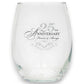 Mellow Monkey 15oz stemless wine glass with silver 25th anniversary text and elegant scrollwork design